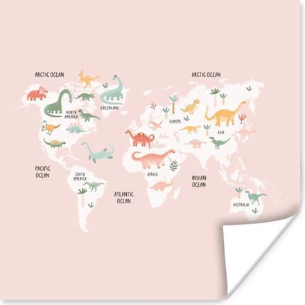 Wereldkaart - Kinderen - Dinosaurussen - 30x30 cm - Poster