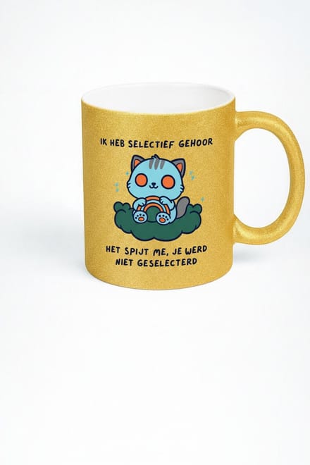 Grappige Gouden Mok met Kat en Tekst 'Ik heb selectief gehoor