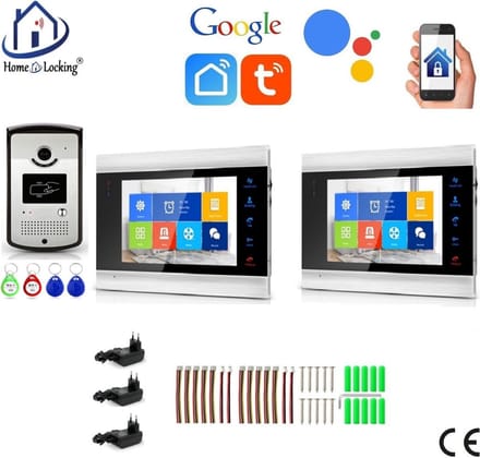 WIFI videofoon/intercom met 1 deurbel camera + 2 binnen paneel/schermen en kan werken met spraak gestuurde apps. T-2102-1-2.