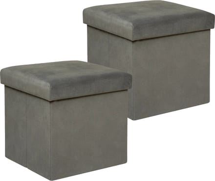 Atmosphera Poef/krukje/hocker Amber - 2x - Opvouwbare zit opslag box - fluweel Donkergrijs - D38 x H38 cm - MDF/polyester