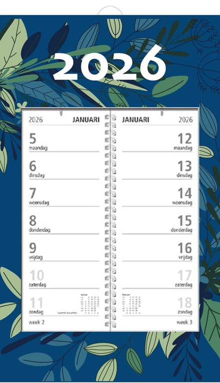 MGPcards - Omlegweekkalender 2026 - Week begint op maandag - 21 x 34 cm - Bladeren - Donker blauw