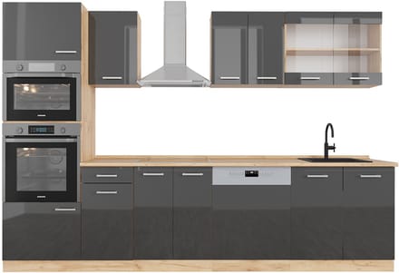 Vicco R-Line Complete keukeneenheid – 300 cm met hoge kast, WB Eik Antraciet hoogglans/goud eiken