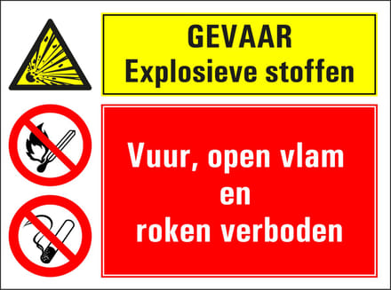 Explosieve stoffen, vuur open vlam en roken verboden sticker 400 x 300 mm