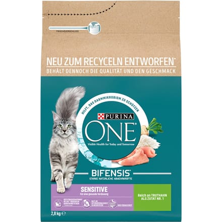 50% korting! 2 x Purina One droogvoer voor katten kleine verpakkingen - Sensitive met Kalkoen 2 x 2,8 kg