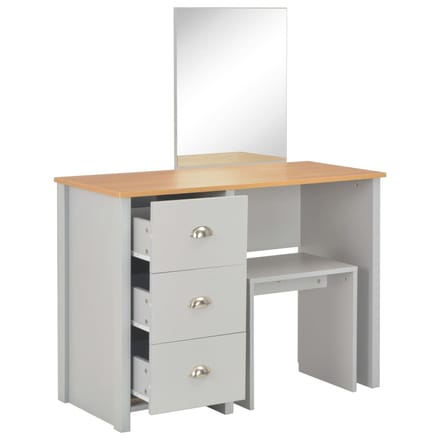 vidaXL - Kaptafel - met - spiegel - en - krukje - 104x45x131 - cm - grijs