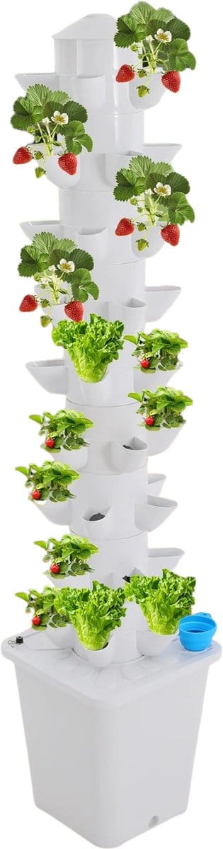 Emvae Hydrocultuur Kweekset - Verticale moestuin - Kiemtoren - Hydroponics systeem - 45 plantplaatsen - 115 cm - 10L watertank - wit