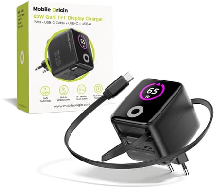 Mobile Origin 65W GaN Display Charger PW3 - USB-C Self-Retracting Cable + USB-C + USB-A