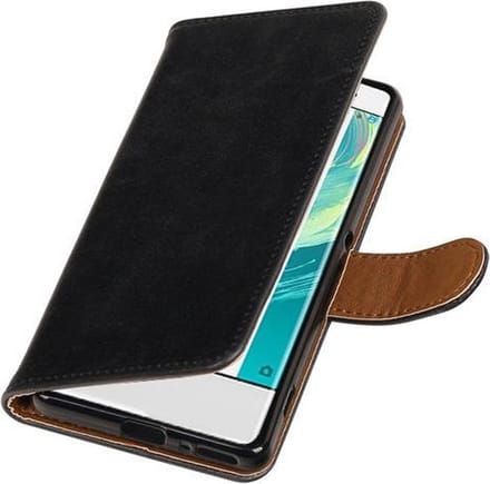 BestCases.nl Zwart Pull-Up PU booktype wallet cover hoesje voor Sony Xperia XA