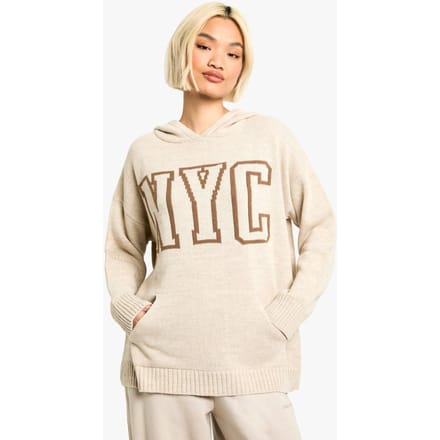boohoo Dames NYC Gebreide Hoodie met capuchon | Stone | Maat: Small
