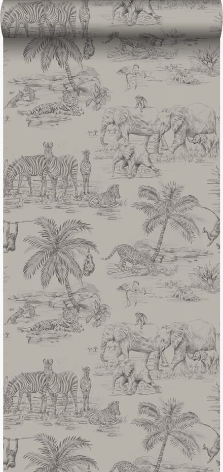 Origin Wallcoverings behang jungle dieren klei grijs - 53 cm x 10.05 m - 347443