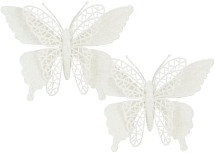 Kerstboomversiering Vlinder - 2x stuks - 16 cm - wit glitter - op clip