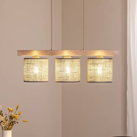 Duolla Hanglamp Forest, 3-lamps, hout licht, jute grijs