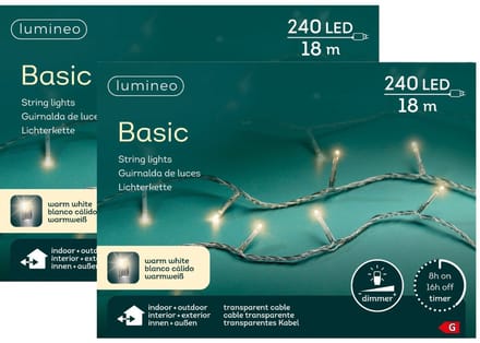 Lumineo Kerstverlichting - 2x - 240 leds -warm wit -1800 cm - transparent cable - timer en dimmer