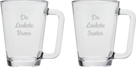 Gegraveerde theeglas 26cl De Leukste Broer-De Leukste Suster