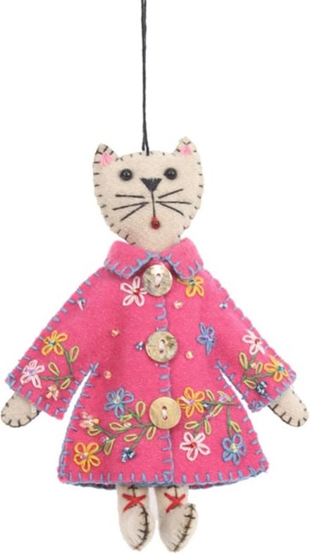 Kat met jas roze/bloemen, vilt 14cm