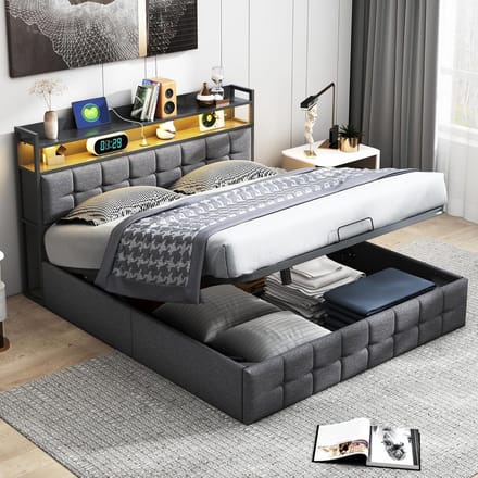 Tweepersoons gestoffeerd bed 160x200 cm met opbergruimte en USB-lading