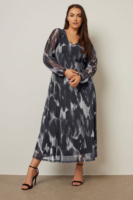 Yours Maxijurk Van Mesh Met Abstracte Luipaardprint En Lange Mouwen In Grijs Size 46