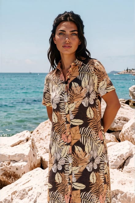 MI PIACE - Travel Jurk Botanical Print Espresso 202079 - Maat : L