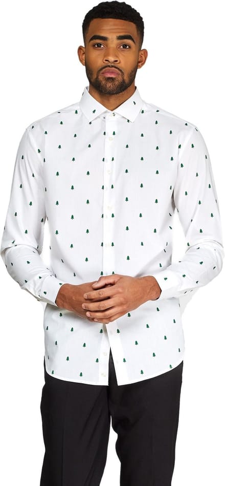 OppoSuits Christmas Trees - Heren Kerst Overhemd - Kerst Shirt Met Kerstboom print - Wit - Maat M