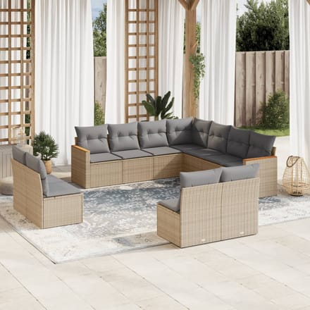 vidaXL - 11-delige - Loungeset - met - kussens - poly - rattan - gemengd - beige