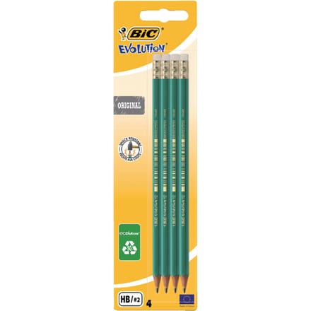 Potlood Bic Evolution ecolutions zeshoekig HB met gumtop blister à 4 stuks