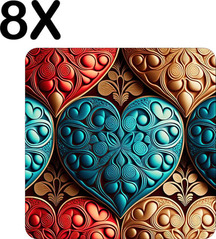 Luxe Placemat - Gekleurde Harten - Set van 8 Placemats - 50x50 cm - 2 mm dik Vinyl - Anti Slip - Afneembaar
