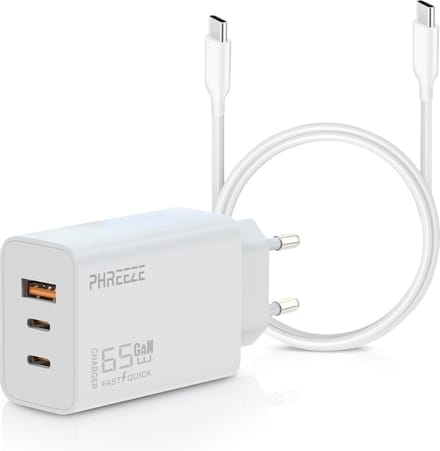 USB C Adapter 65W + USB C Naar USB C Kabel 2 Meter - 2 USB-C & 1 USB-A Snellader - Laptop Oplader Geschikt voor iPhone 15, 16 , Samsung S20, S21, S22, S23, S24, Macbook - Wit