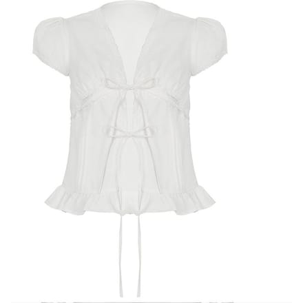 Geplooide Pofmouw Vetershirt Dames Wit Kant Los Skinny Top L