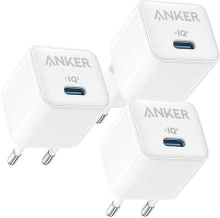 Anker 512 Nano Pro Oplader - 20W USB-C - PowerIQ 3.0 - Actieve Temperatuurregeling - Wit/Zilver [3-pack]