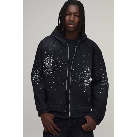 Boxy Rhinestone Gewassen Zwarte Denim Hoodie | Washed Black | Size Medium