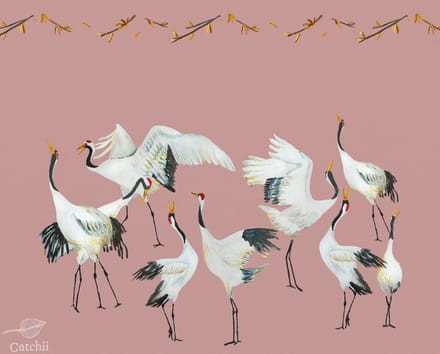 Behang staal Japanese Crane Dance roze