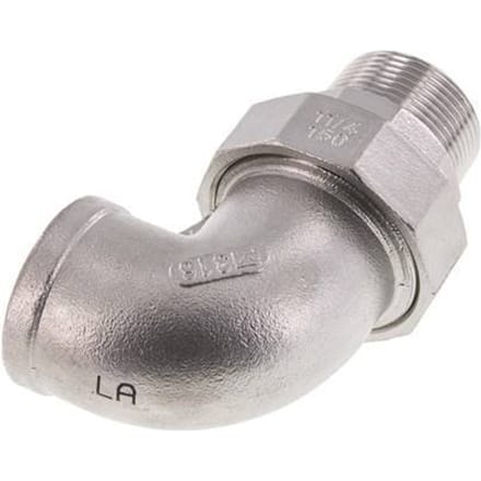 90° L-Koppeling Wartelmoer 1 1/2'' Buitendraad R X Binnendraad Rp RVS Vlakke Afdichting PTFE 16bar