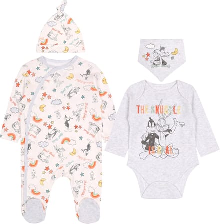 Grijs-witte set: rompertje, body, slabbetje, muts Bugs Bunny DISNEY OEKO-TEX 0-2 m 56 cm