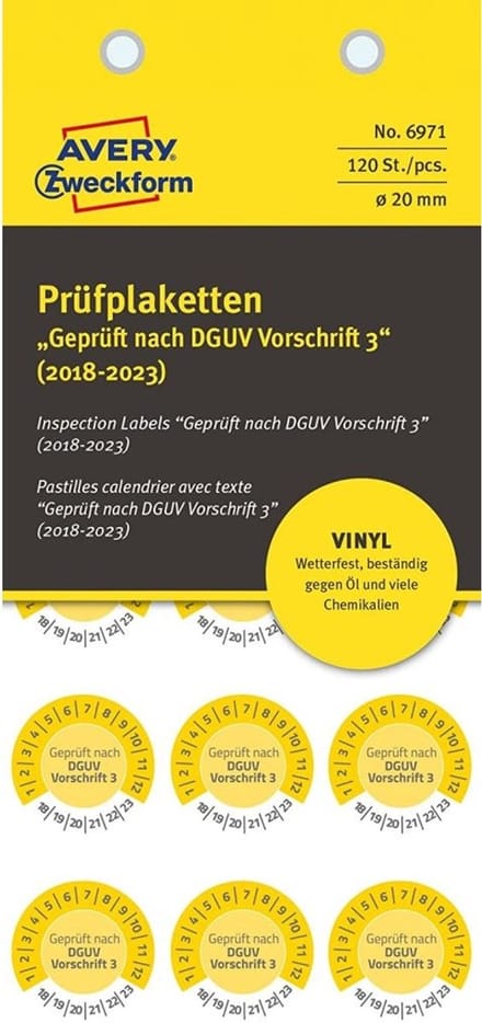120x teststickers getest volgens DGUV 2018-2023 20mm geel vinyl