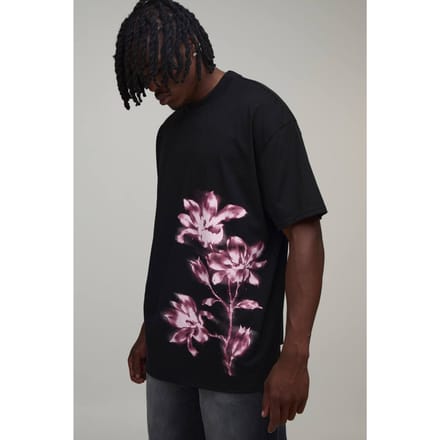 Lang Oversized T-shirt Met Vervaagde Bloemenprint | Black | Size Large