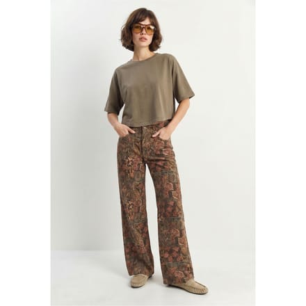 Hoge Taille Paisley Print Rechte Spijkerbroek