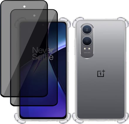 Hoesje + 2x Privé Screenprotector geschikt voor OnePlus Nord CE4 Lite – Privacy Tempered Glass - Case Transparant