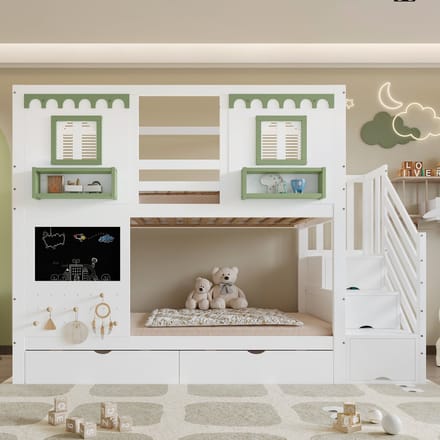 Sweiko Stapelbed - 90x200cm - 2 lades - Opbergruimte - Grenenhout + MDF - Wit + Groen
