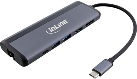 InLine USB-C multiport adapter | DP 4K 60Hz, HDMI 4K 60Hz, USB-A+C, RJ45 en SD | PD 100W | aluminium | 0,15 meter