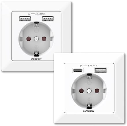 Stopcontact met 2 USB A en Type C Poorten, 2.8A, 250V, Wit (2 Stuks)