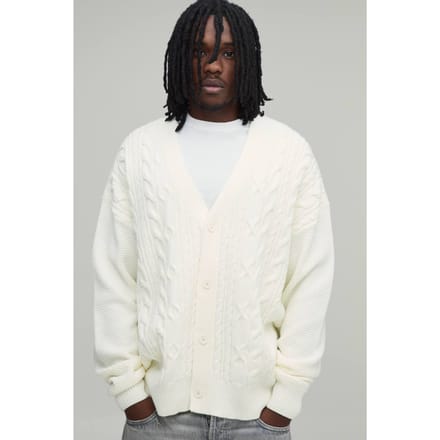 Tall Relaxed Fit Cable Knit Knitted Cardigan | Ecru | Size Large