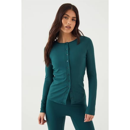 Dames DSGN Studio Ultra Sculpt Geribbelde Doorknoop Top met Lange Mouwen | Pine | Maat: Medium