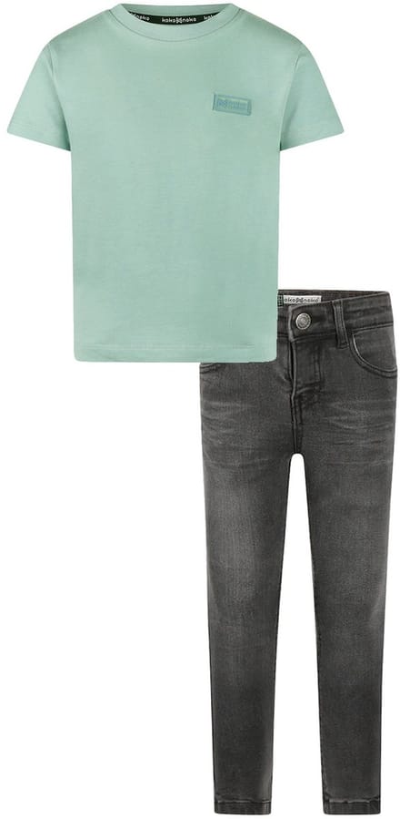 Koko Noko - Kledingset - Basic Collection - Bio Cotton - Dark grey jeans - Shirt korte mouw Light Blue - Maat 110