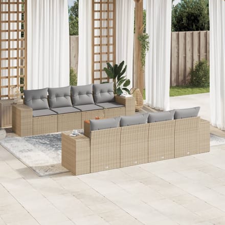 vidaXL - 9-delige - Loungeset - met - kussens - poly - rattan - beige