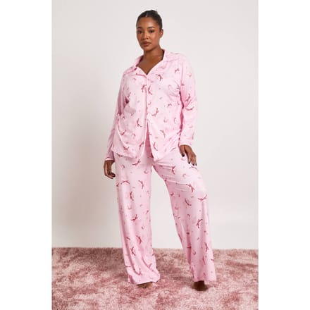 boohoo Dames Plus Strik Cocktail Lange Mouw Shirt En Broek Pyjama Set | Roze | Maat: 46