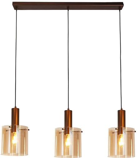 Searchlight Moderne Hanglamp E27 Lund 3 Lichtpunten Rechthoek Amber/Koffie Glas Eetkamer Keuken Dimbaar