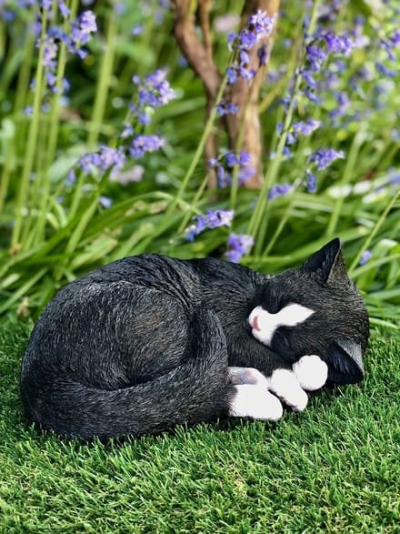 Slapende kat zwart en wit 10 cm hoog - poes - polyester - polystone - beeld - tuinbeeld - HotAnt