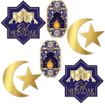 360 DEGREES - 8 blauwe en gouden Eid Mubarak kartonnen decoraties, manen en lantaarns