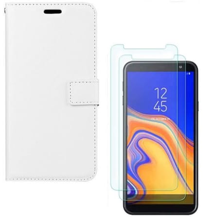 hoesje Geschikt voor: Samsung Galaxy J6 Plus 2018 Portemonnee Wit met 2 stuks Glas Screen protector
