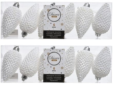 Decoris Kersthangers dennenappels - 12x st - wit - glitter - 8 cm - kunststof - kerstversiering